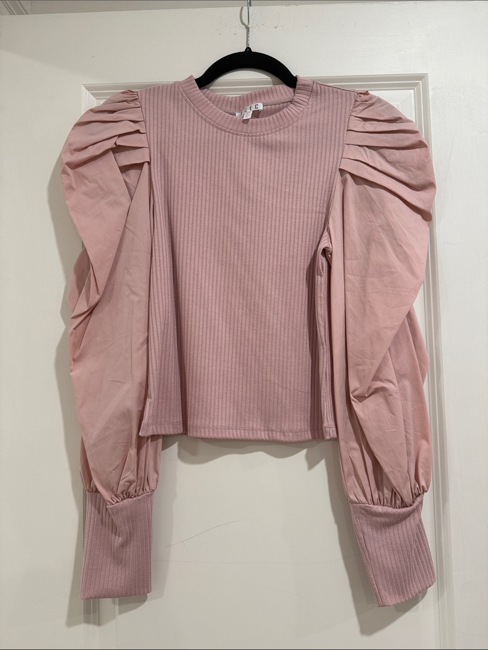 TCEC Dusty Pink Ribbed Puff-Sleeve Long Sleeve Top